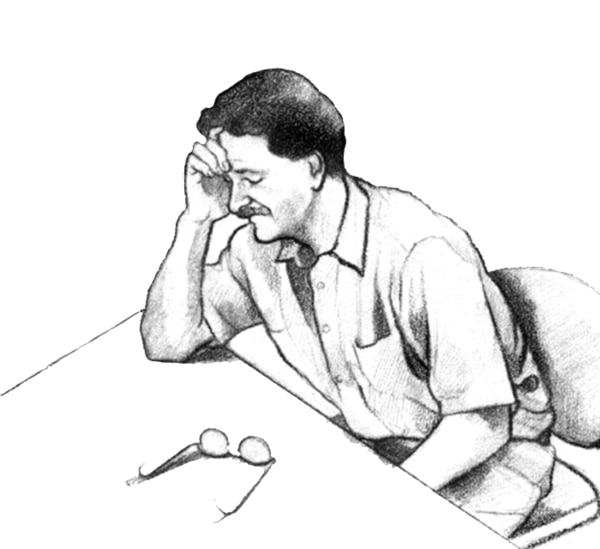 Drawing of a man seated at a table with his head resting on his right hand. His right elbow is on the table. His eyeglasses are on the table. His eyes are closed and he looks ill.