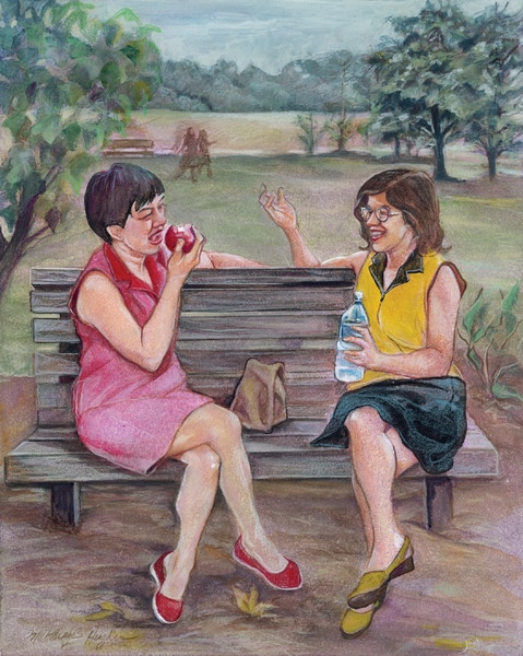 Drawing of two women sitting on a park bench and talking. One woman is eating an apple, and the other woman is holding a water bottle.