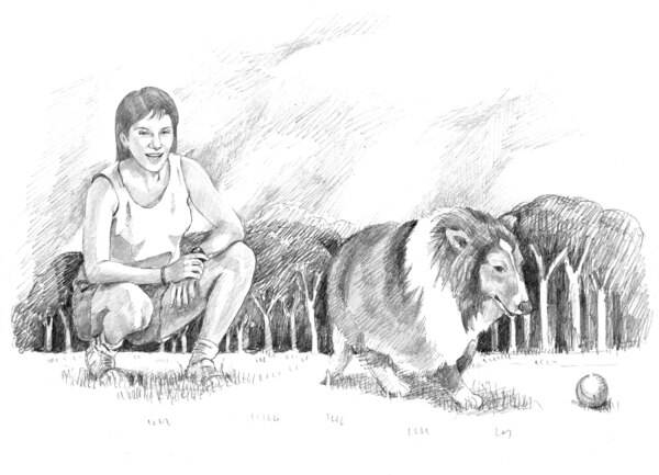 Drawing of a woman playing with her dog.