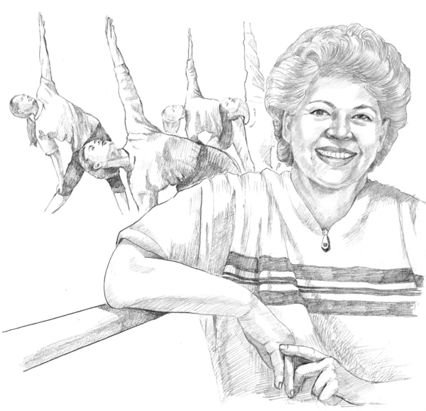 Drawing of a woman with people exercising in the background.