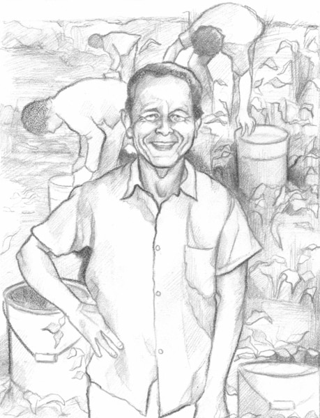 Drawing of a man with workers in the background harvesting crops.