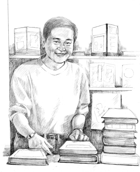 Drawing of a man at a table with books stacked in front of him.