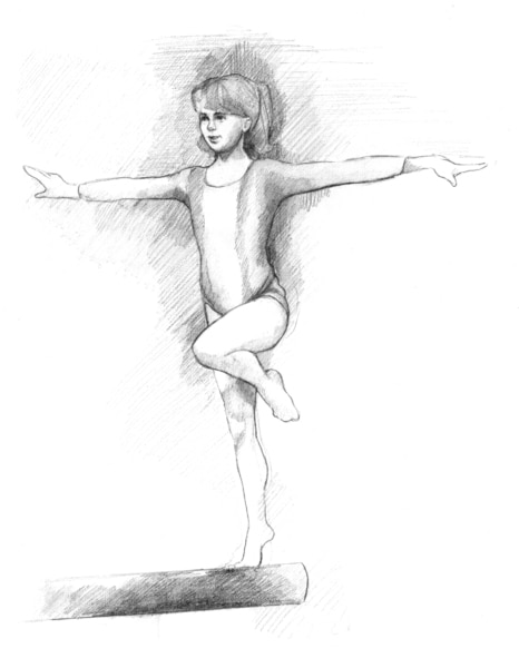 Drawing of a girl on a balance beam.