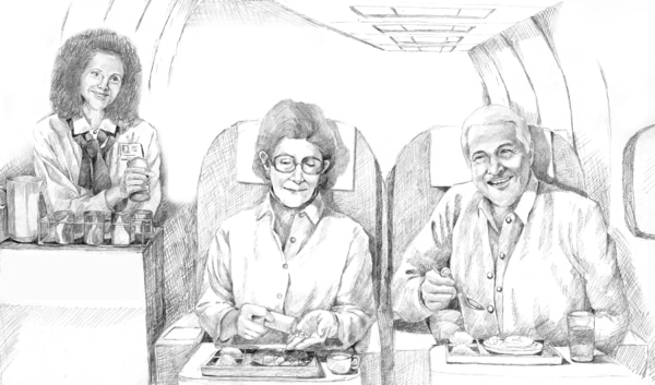 Drawing of a man and a woman aboard a plane.