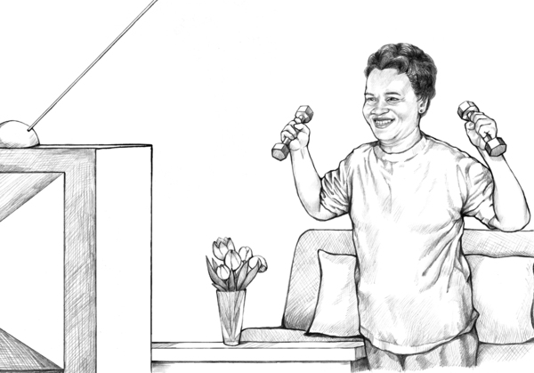 Drawing of a woman exercising with hand weights.