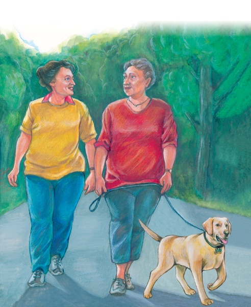 Drawing of two women walking with a dog.