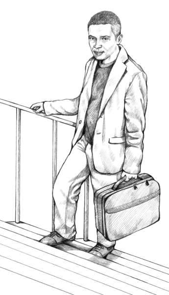 Drawing of a man climbing stairs carrying a suitcase.