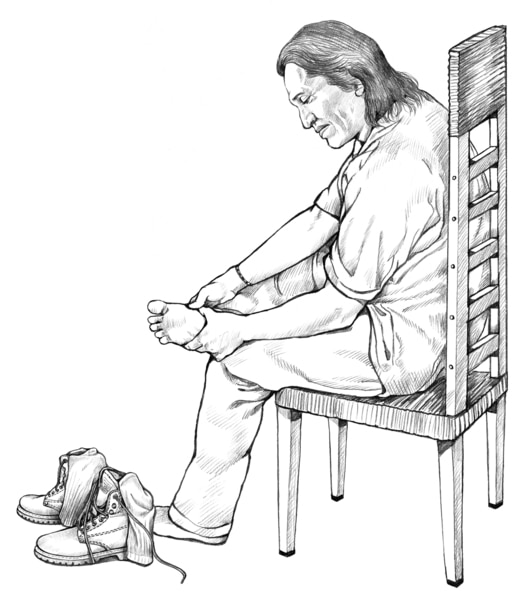 Drawing of a man in who is sitting in a chair. His shoes are off and are on the floor. He is using his hands to hold one foot while he looks at the bottom of his foot.