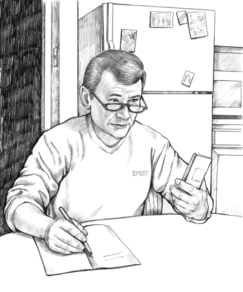 Drawing of a man sitting at a table recording his blood glucose level.