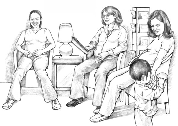 Drawing of three pregnant women in a waiting room.