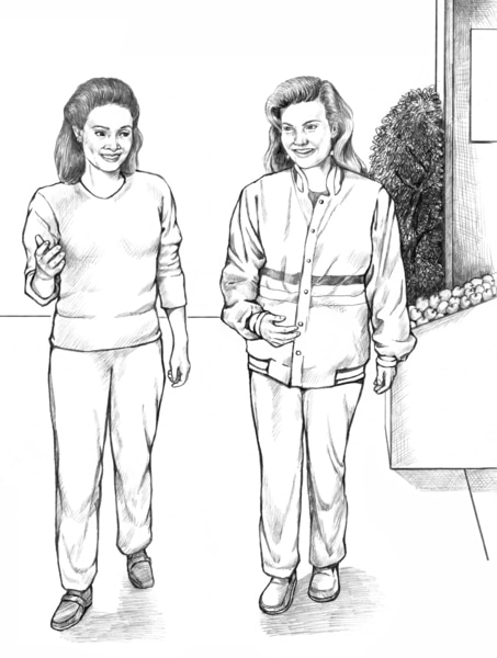 Drawing of two women walking down the street.