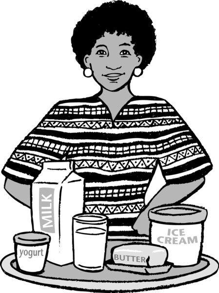 Drawing of a woman standing with dairy products in front of her, such as yogurt, milk, butter, and ice cream.