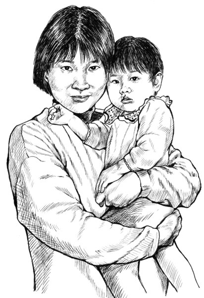 Drawing of a woman holding her baby in her arms.
