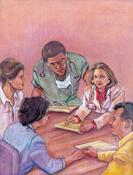 Drawing of five people meeting around a table. A male doctor wearing scrubs leans over to view a female doctor's notepad, while another female healthcare provider looks on. Across the table sit a female patient and a male family member holding the patient