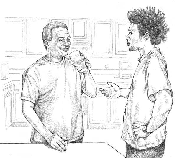 Drawing of two men talking.
