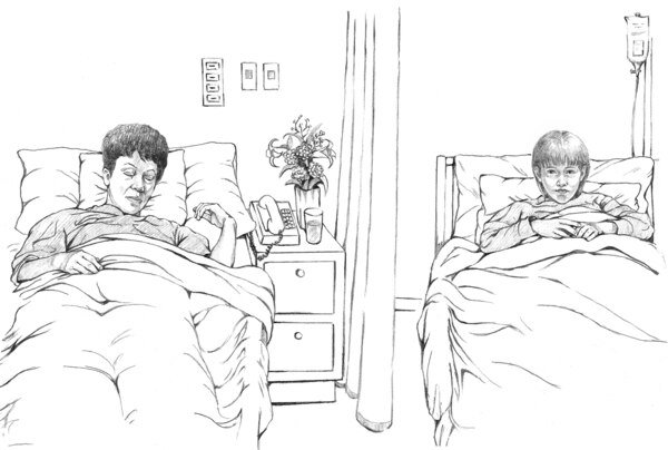 Drawing of an adult in a hospital bed next to a child in another bed.