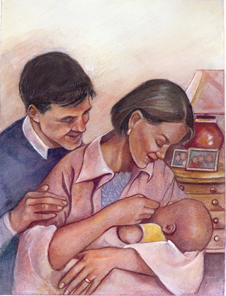 Drawing of a smiling father and mother who are looking at their baby. The father is standing behind the mother with his hand on her shoulder. The mother is holding the baby in her left arm and touching the baby’s face with her right hand. The baby is loos