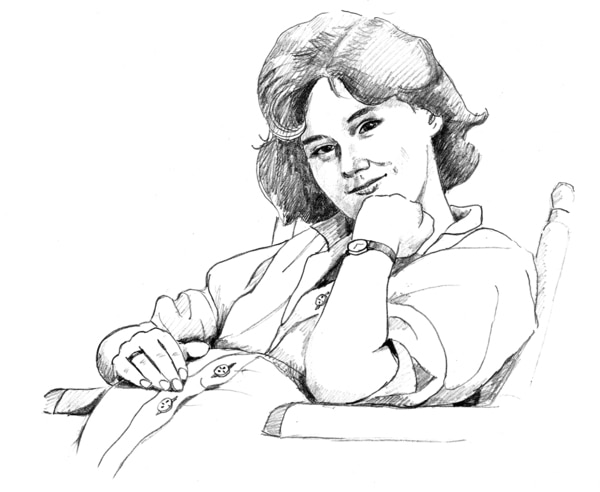Drawing of a pregnant woman sitting in a chair and resting one hand on her belly.