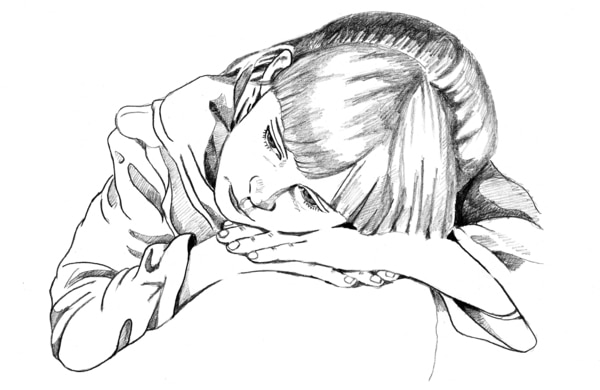 Drawing of a young girl resting her head on her crossed hands.