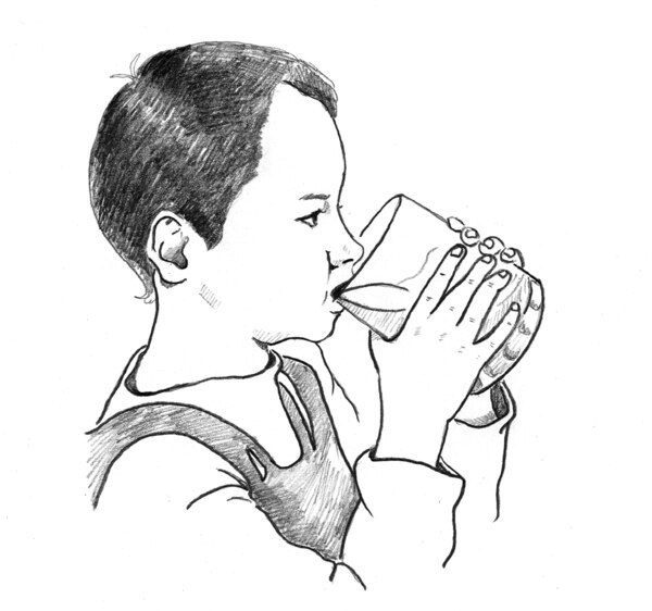 Drawing of child drinking from a cup.