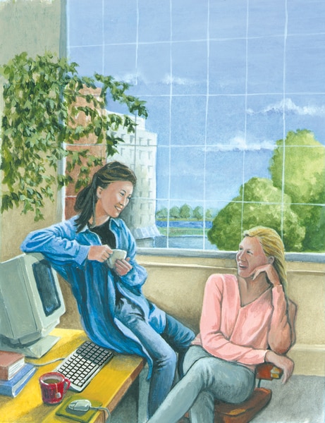 Drawing of two girls sitting and talking.