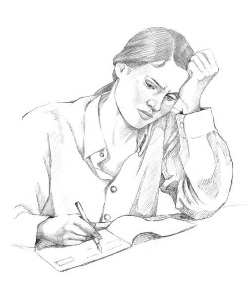 Drawing of a woman writing.