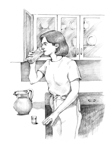 Drawing of a woman drinking a water-fiber mixture.