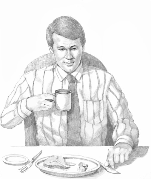 Drawing of a man eating a meal and drinking.