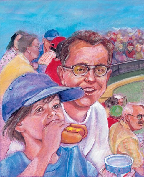 Drawing of a father and son at a ballgame. The son is eating a hotdog.