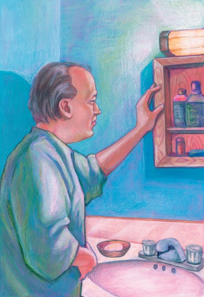 Drawing of a man looking into his open medicine cabinet.