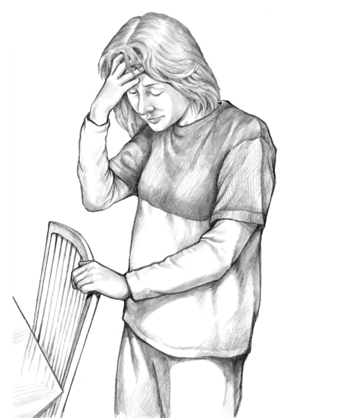 Drawing of a woman holding on to the edge of a chair, clenching her forehead and appearing dizzy.