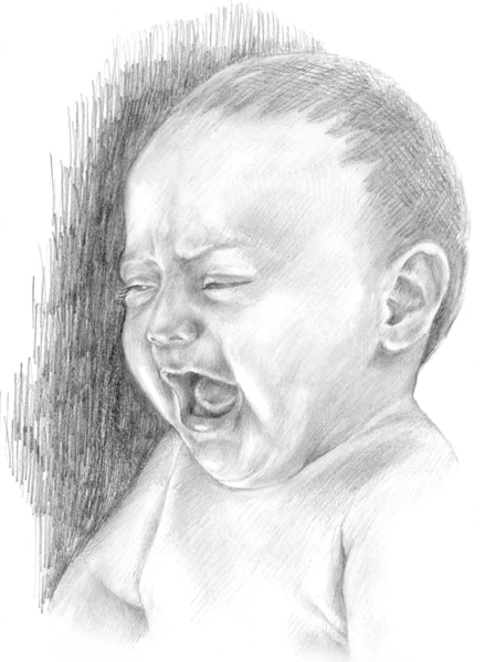 Drawing of a crying infant.