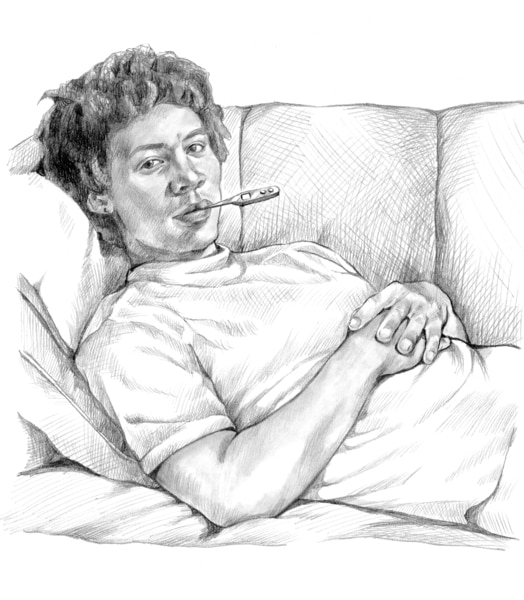 Drawing of a boy lying in bed with a thermometer in his mouth to check for a fever.
