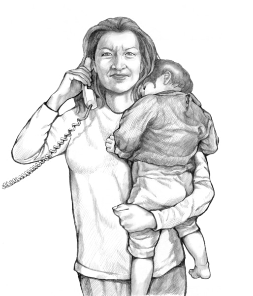 Drawing of a woman holding her child while on the phone with the child's doctor.