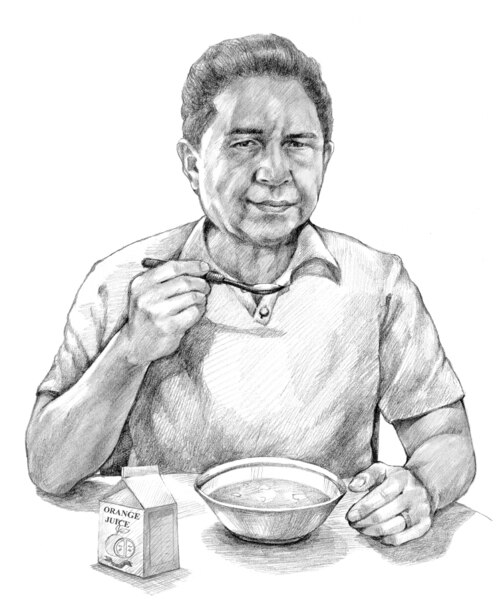 Drawing of a man eating soup and drinking juice.