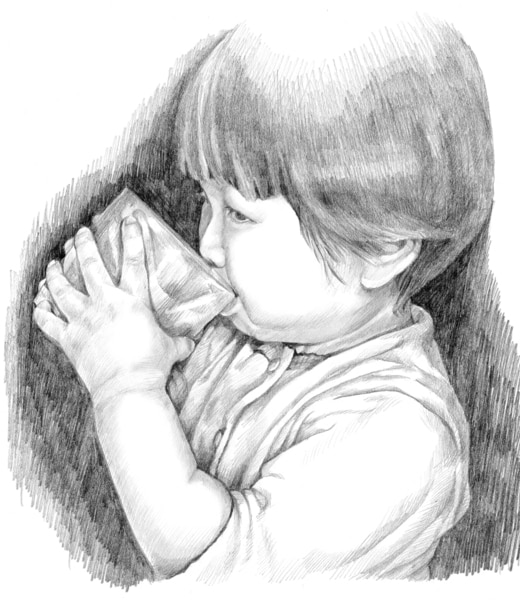 Drawing of a child drinking juice.