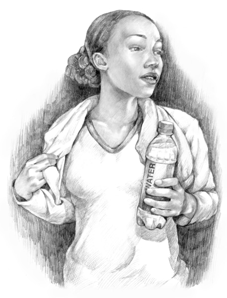 Drawing of a teenage girl with a water bottle in her hands.