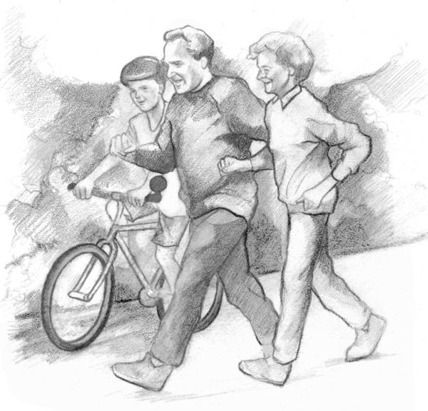 Drawing of two adults walking for exercise alongside a boy riding his bike.