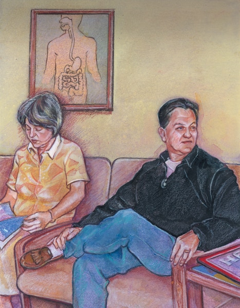 Drawing of a man and a woman sitting in a doctor’s waiting room. The woman is reading a magazine. A drawing of the digestive tract is on the wall behind the woman.