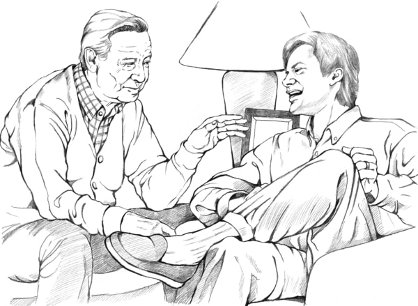 Drawing of a father and son sitting together and talking.