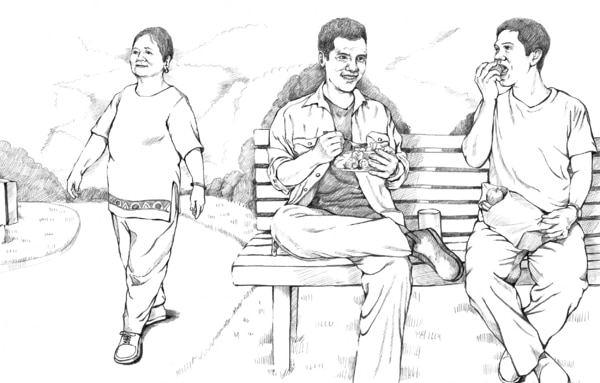 Drawing of a woman walking and two men eating while sitting on a bench.