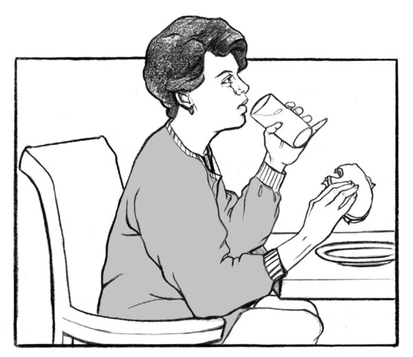 Drawing of a woman eating and drinking.