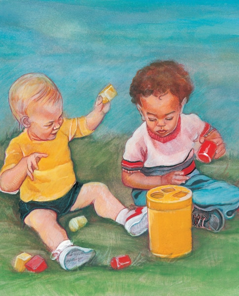 Drawing of two children, about 12 to 24 months old, sitting on the floor and playing with blocks.