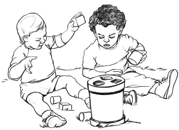 Drawing of two babies sitting in the grass playing with colored blocks.