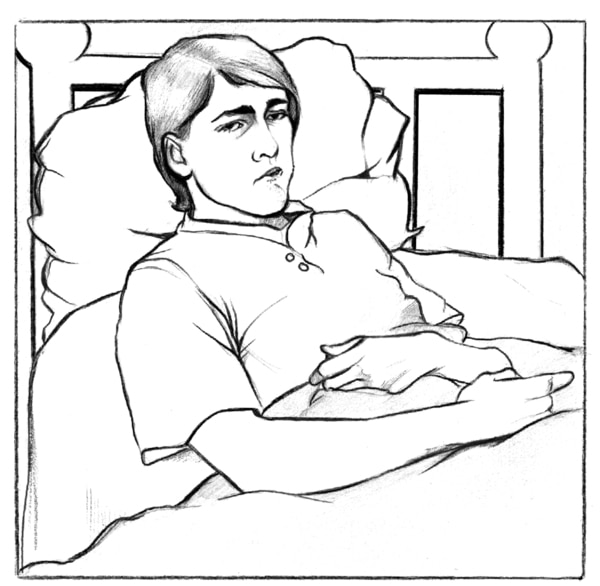 Drawing of a man in bed, appearing sick.