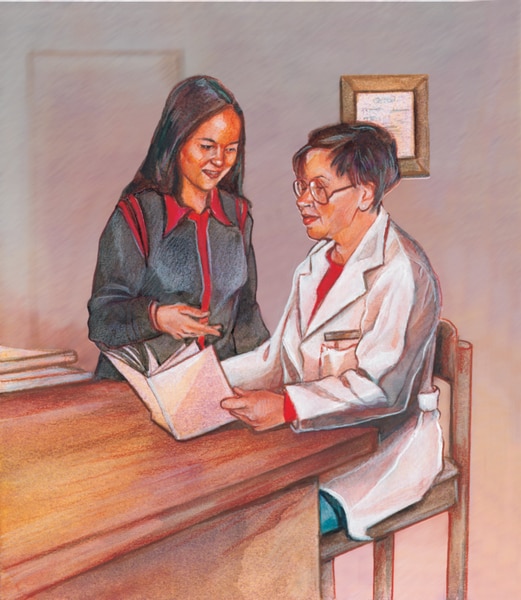 Drawing of two women looking at a book. The woman holding the book is seated and wearing a doctor’s coat. The other woman is standing and pointing at the book.