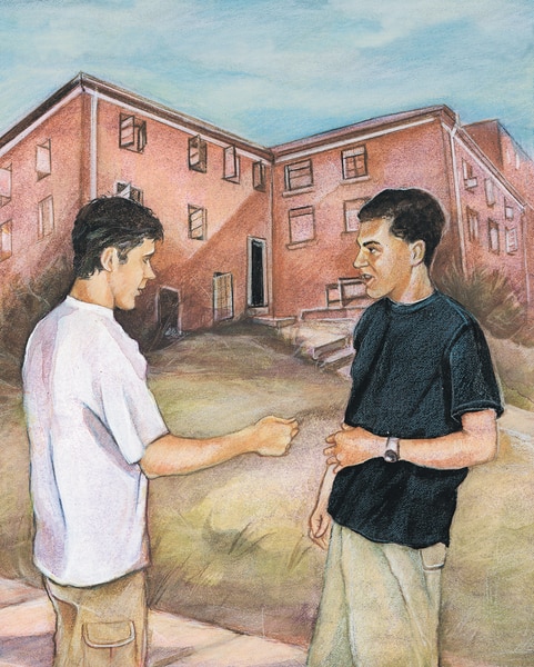 Drawing of two teenage boys talking outside in a schoolyard.