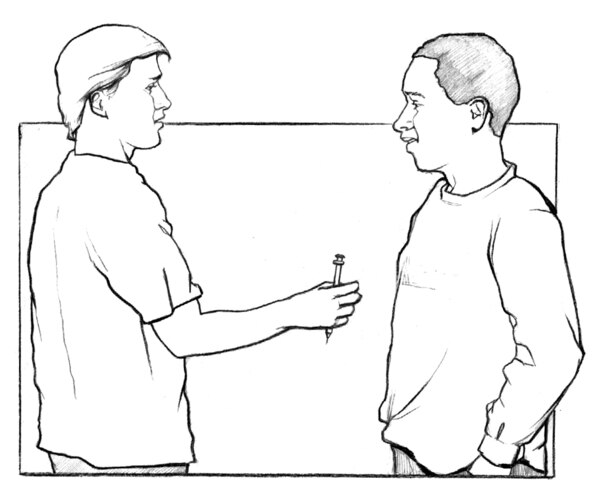 Drawing of a man offering another man a syringe.