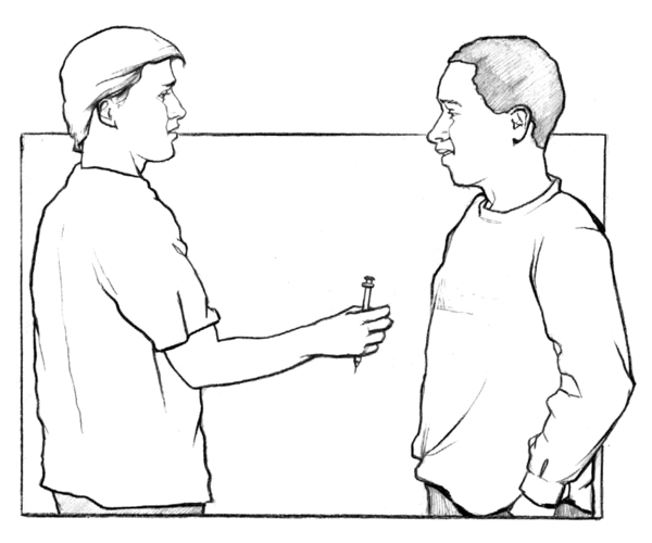 Drawing of a man offering another man a syringe.