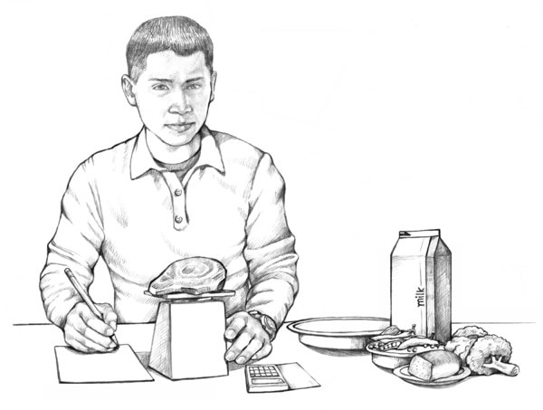 Drawing of a Hispanic teenage boy weighing a portion of meat on a scale.